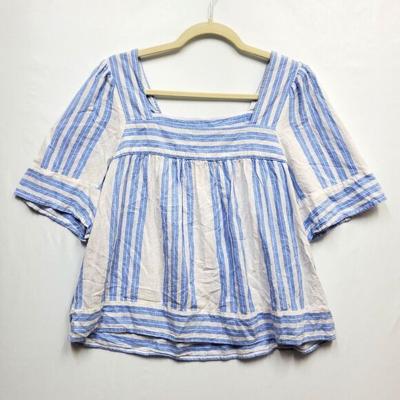 Linen Blend Cottagecore ‎ Top Blue White Stripe Medium - Picture 2 of 10